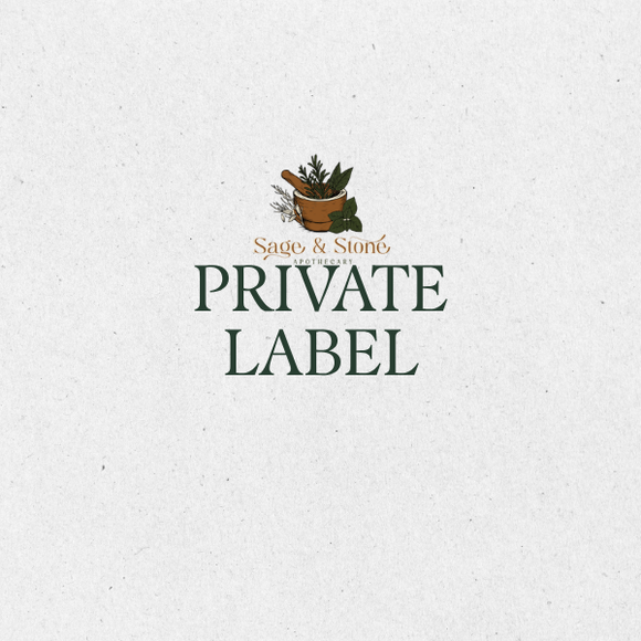 A centered logo and text design on a light textured off-white background. The top shows an illustration of a mortar and pestle with herbs, above the words 'Sago & Stone' and 'PRIVATE LABEL' in large dark green letters.